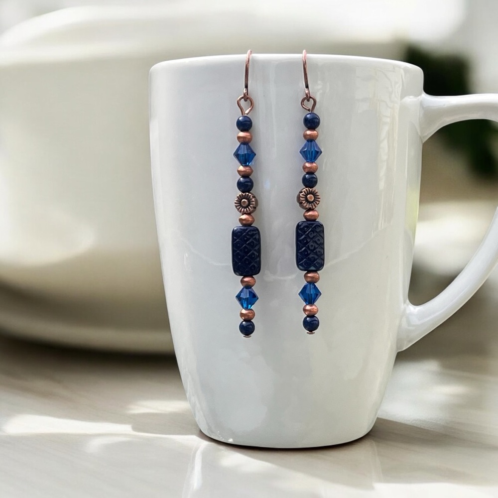 Handcrafted Blue and Copper Beaded Earrings - Picture 7 of 11